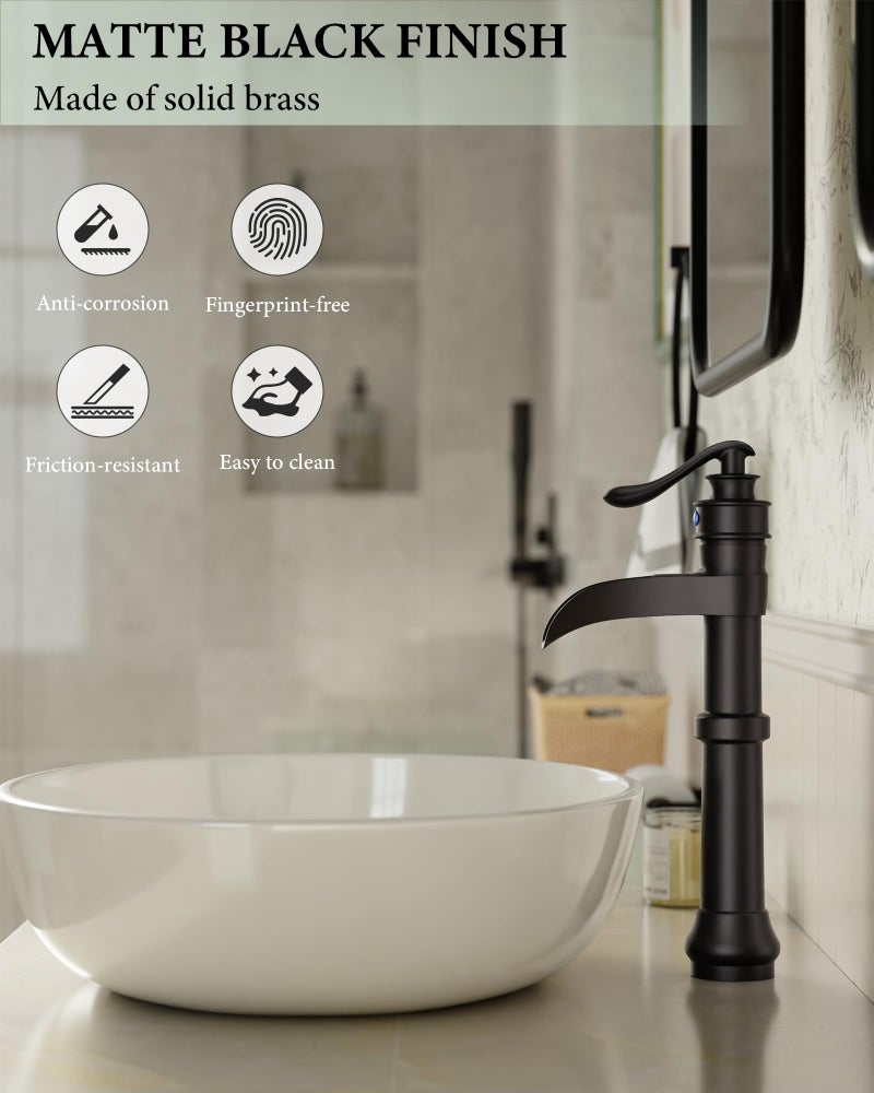 Homevacious Black Bathroom Faucet Vessel Sink Matte Waterfall Farmhouse Single Hole Antique Bowl with Pop Up Drain Stopper Lavatory One Handle Supply Line Without Overflow - Image 5
